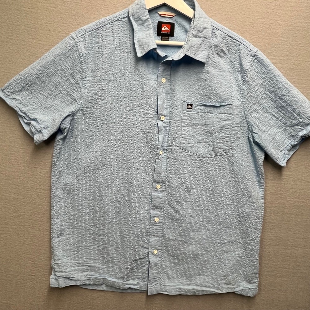 Quiksilver Mens Blue Seersucker Short Sleeve Button Down Shirt Large RN 169009